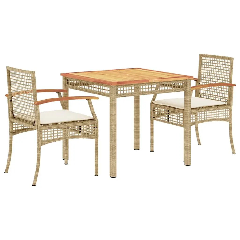 3 Piece Patio Dining Set Cushions Beige Poly Rattan Outdoor Furniture