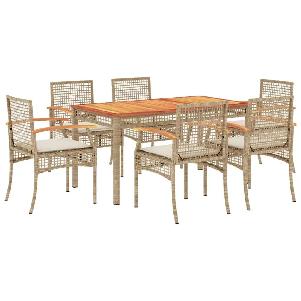 7 Piece Patio Dining Set Cushions Beige Poly Rattan Outdoor Furniture