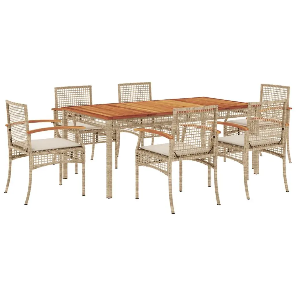 7 Piece Patio Dining Set Cushions Beige Poly Rattan Outdoor Furniture