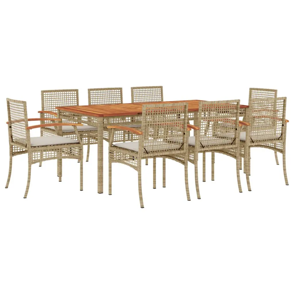 9 Piece Patio Dining Set Cushions Beige Poly Rattan Outdoor Furniture