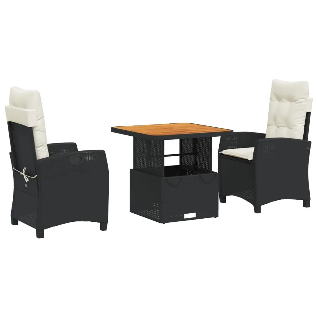 3 Piece Patio Dining Set Cushions Black Poly Rattan Outdoor Furniture