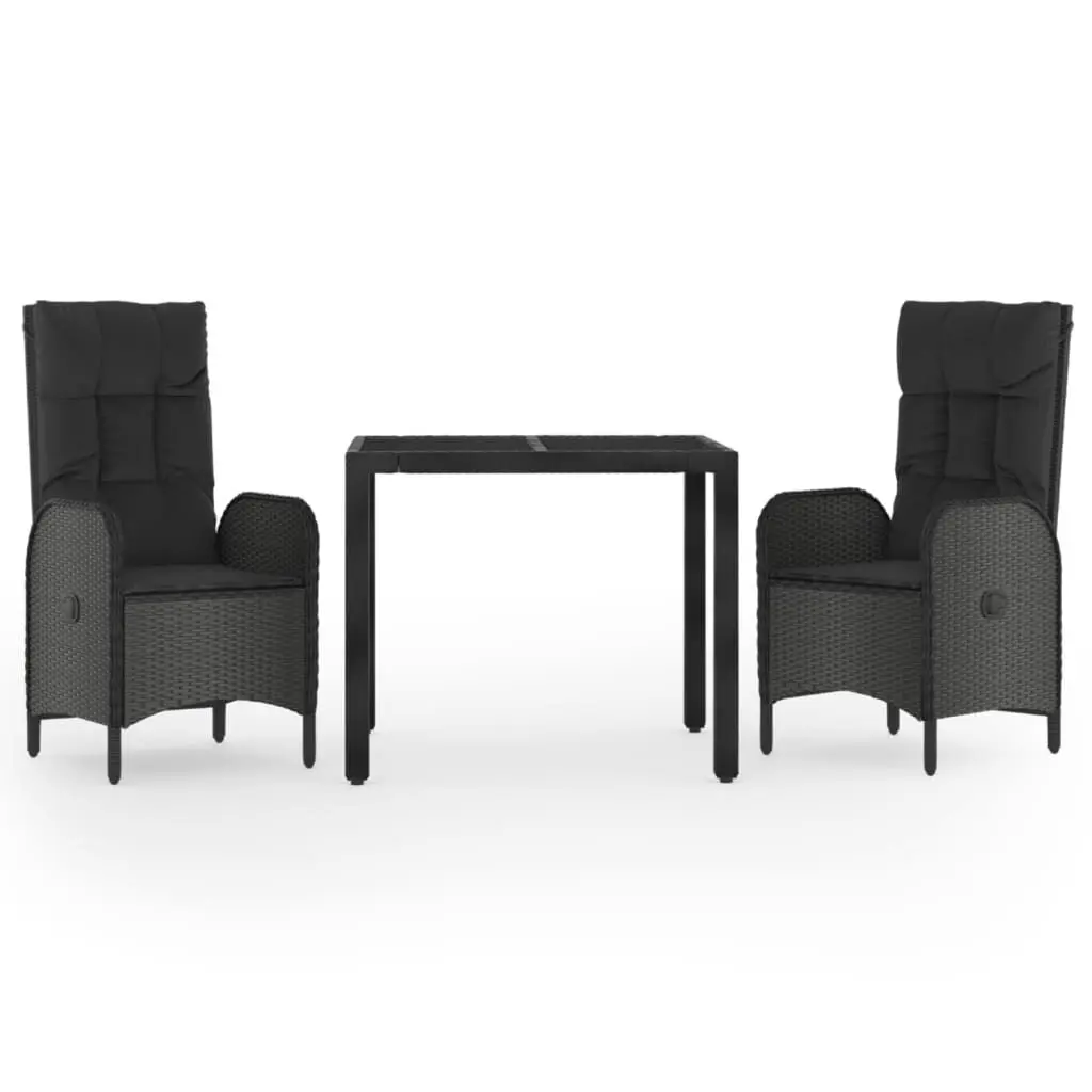 3 Piece Patio Dining Set Cushions Black Poly Rattan Outdoor Table and Chairs