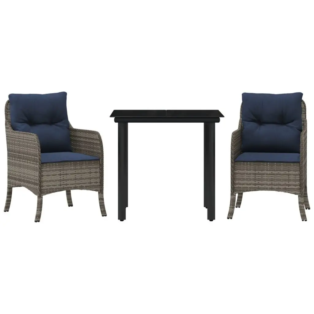 3 Piece Patio Dining Set Cushions Gray Poly Rattan Outdoor Furniture