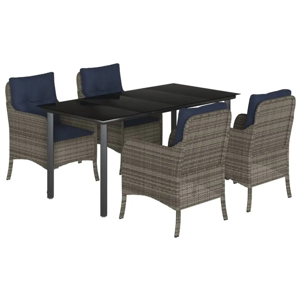 5 Piece Patio Dining Set Cushions Gray Poly Rattan Outdoor Table and Chairs