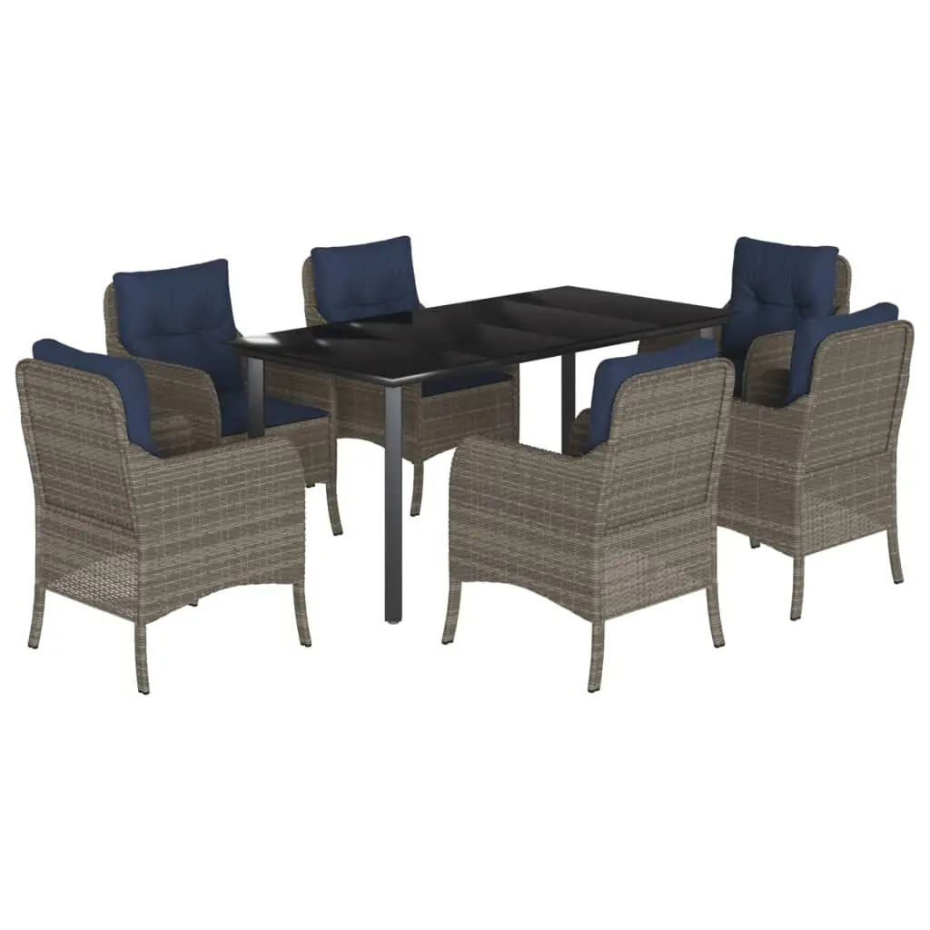 7 Piece Patio Dining Set Cushions Gray Poly Rattan Outdoor Furniture