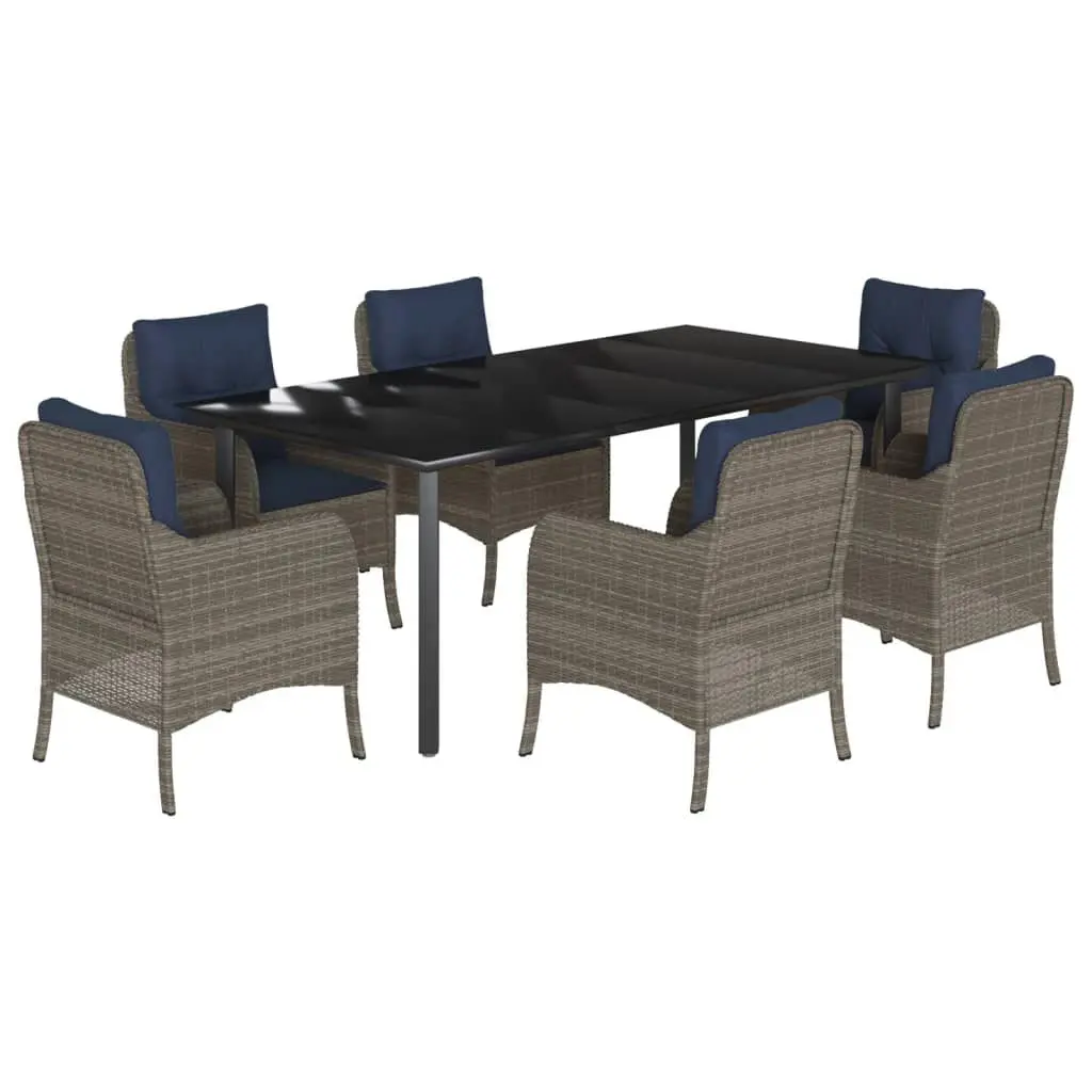 7 Piece Patio Dining Set Cushions Gray Poly Rattan Outdoor Table and Chairs