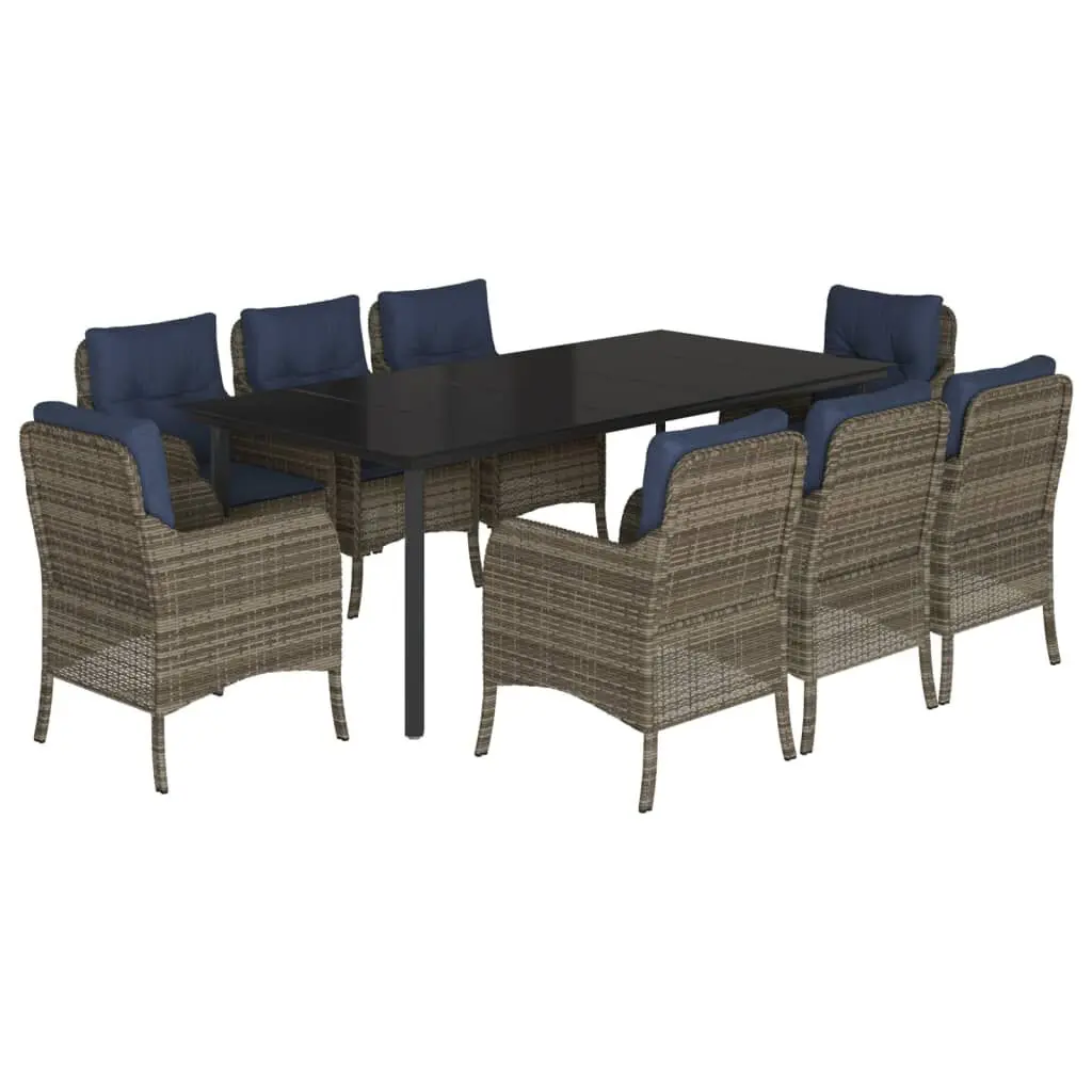 9 Piece Patio Dining Set Cushions Gray Poly Rattan Outdoor Furniture