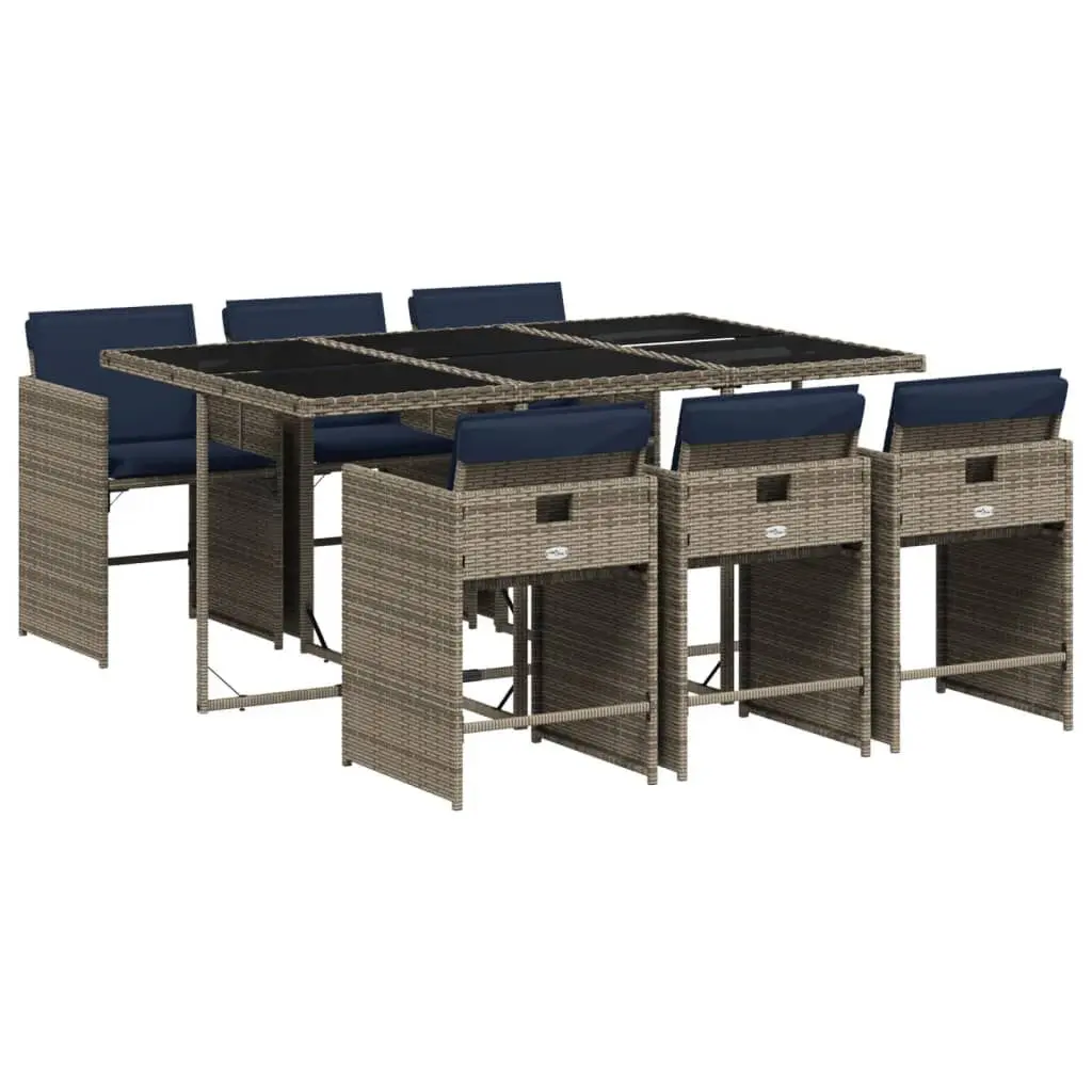 7 Piece Patio Dining Set Cushions Gray Poly Rattan Outdoor Furniture