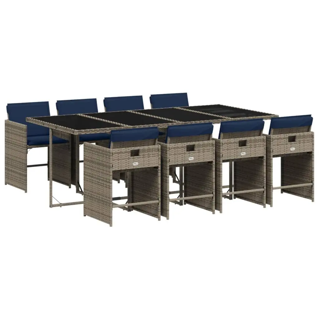 9 Piece Patio Dining Set Cushions Gray Poly Rattan Outdoor Furniture