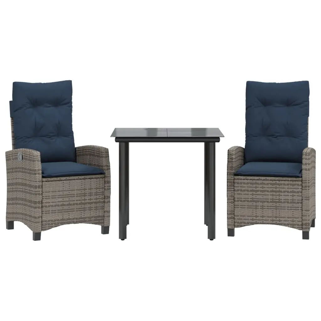 3 Piece Patio Dining Set Cushions Gray Poly Rattan Outdoor Furniture