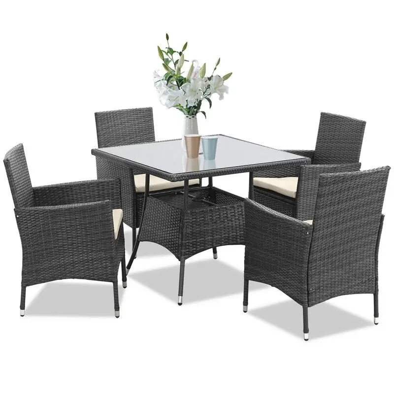 5 Piece PE Rattan Wicker Patio Dining Set Grey Cushions tradeber