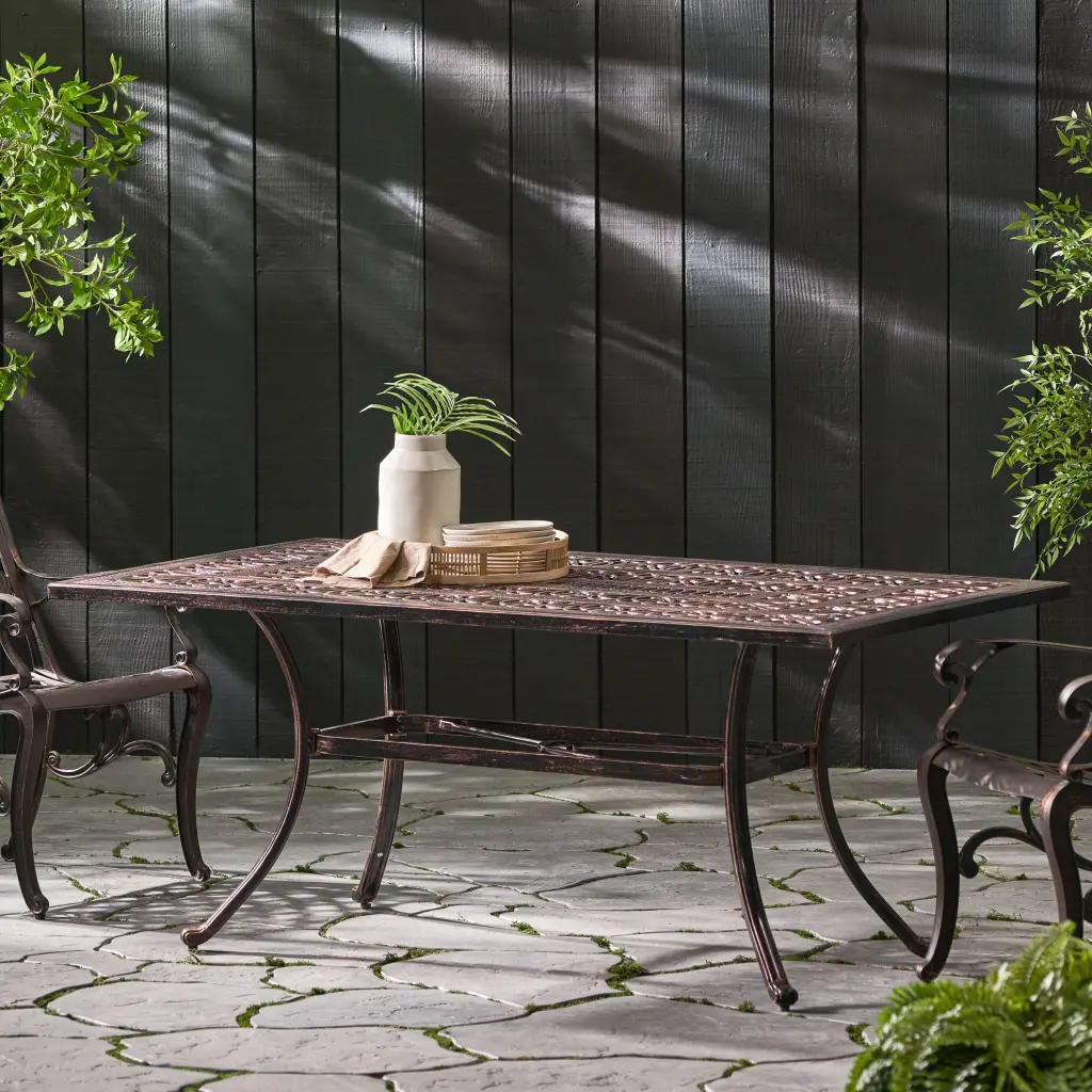 Outdoor Rectangular Cast Aluminum Dining Table Shiny Copper Finish nh-uhome
