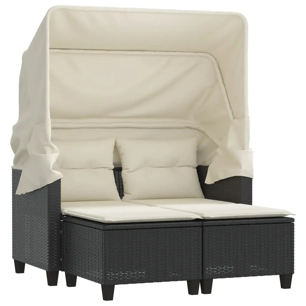 Black Poly Rattan Patio Sofa 2-Seater Canopy and Stools Outdoor Set