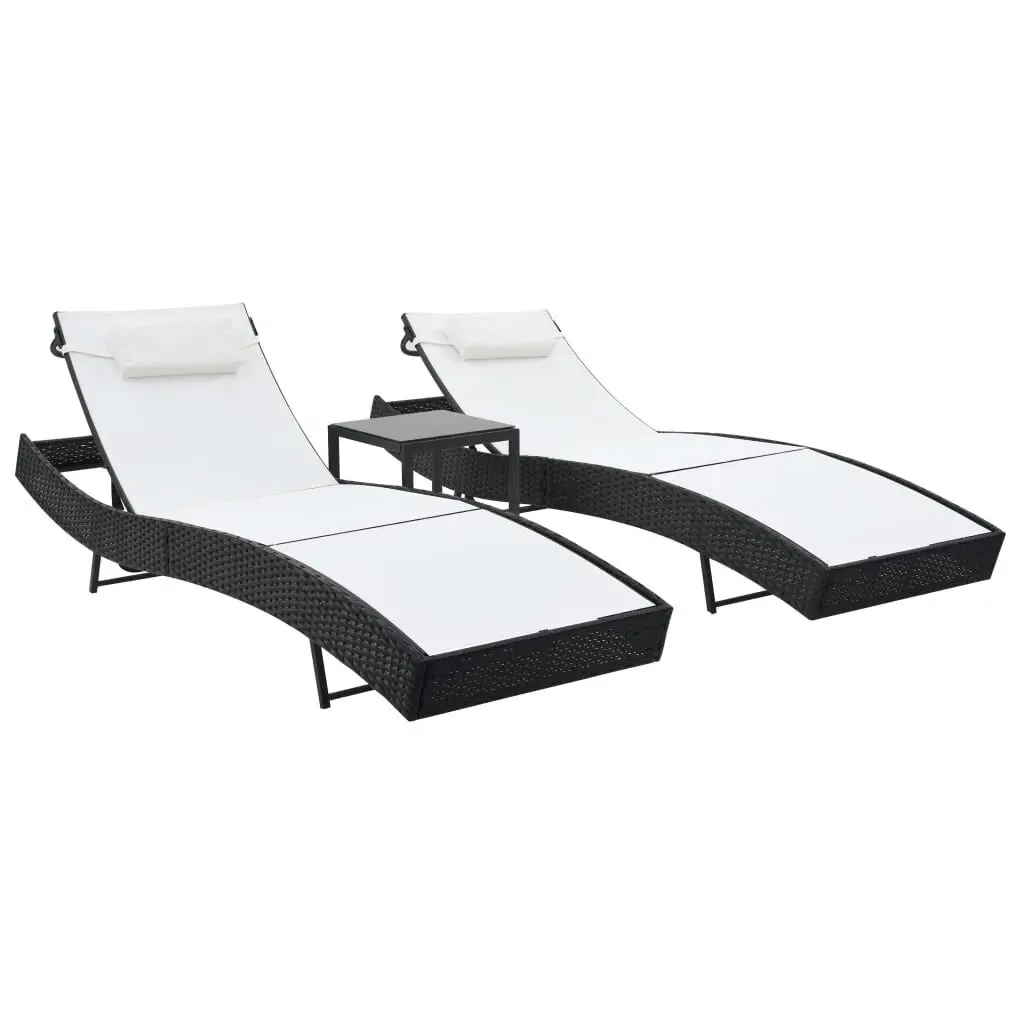 Black Poly Rattan Sun Loungers 2 Pack Side Table Outdoor Patio Set