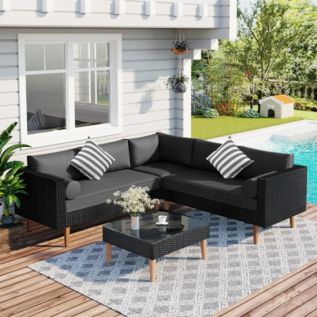 4 Piece Outdoor Wicker Sofa Set Colorful Pillows Patio Decor go