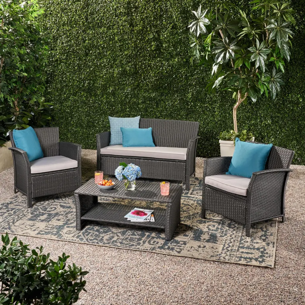 St Lucia 4 Piece Sofa Set Grey PE Rattan Ferrous Metal Water Resistant Outdoor Furniture nh-kisa