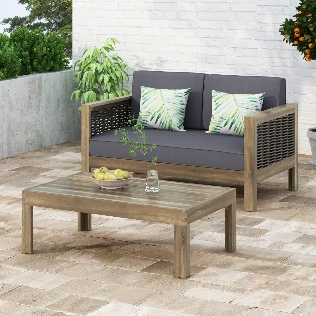 Outdoor Acacia Wood and Wicker Loveseat Coffee Table Set Cushions nh-onfind