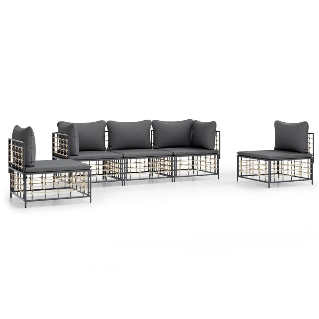 5 Piece Anthracite Poly Rattan Patio Lounge Set Cushions