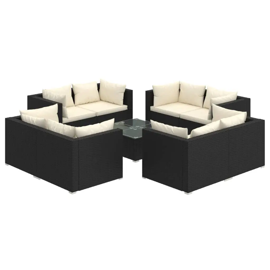 9 Piece Black Poly Rattan Patio Lounge Set Cushions