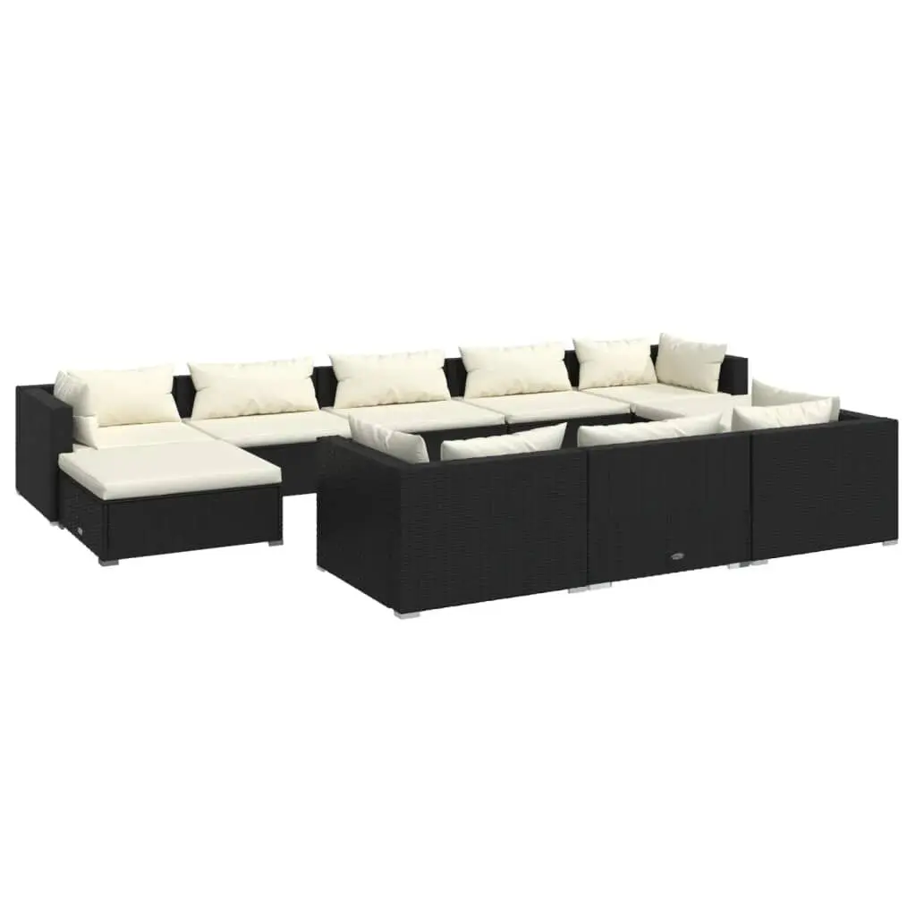 10 Piece Black Poly Rattan Patio Lounge Set Cushions