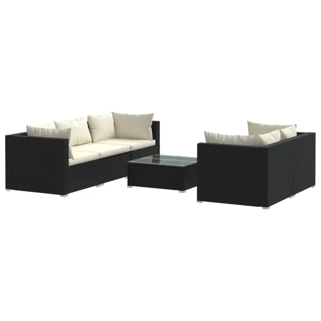 6 Piece Black Poly Rattan Patio Lounge Set Cushions