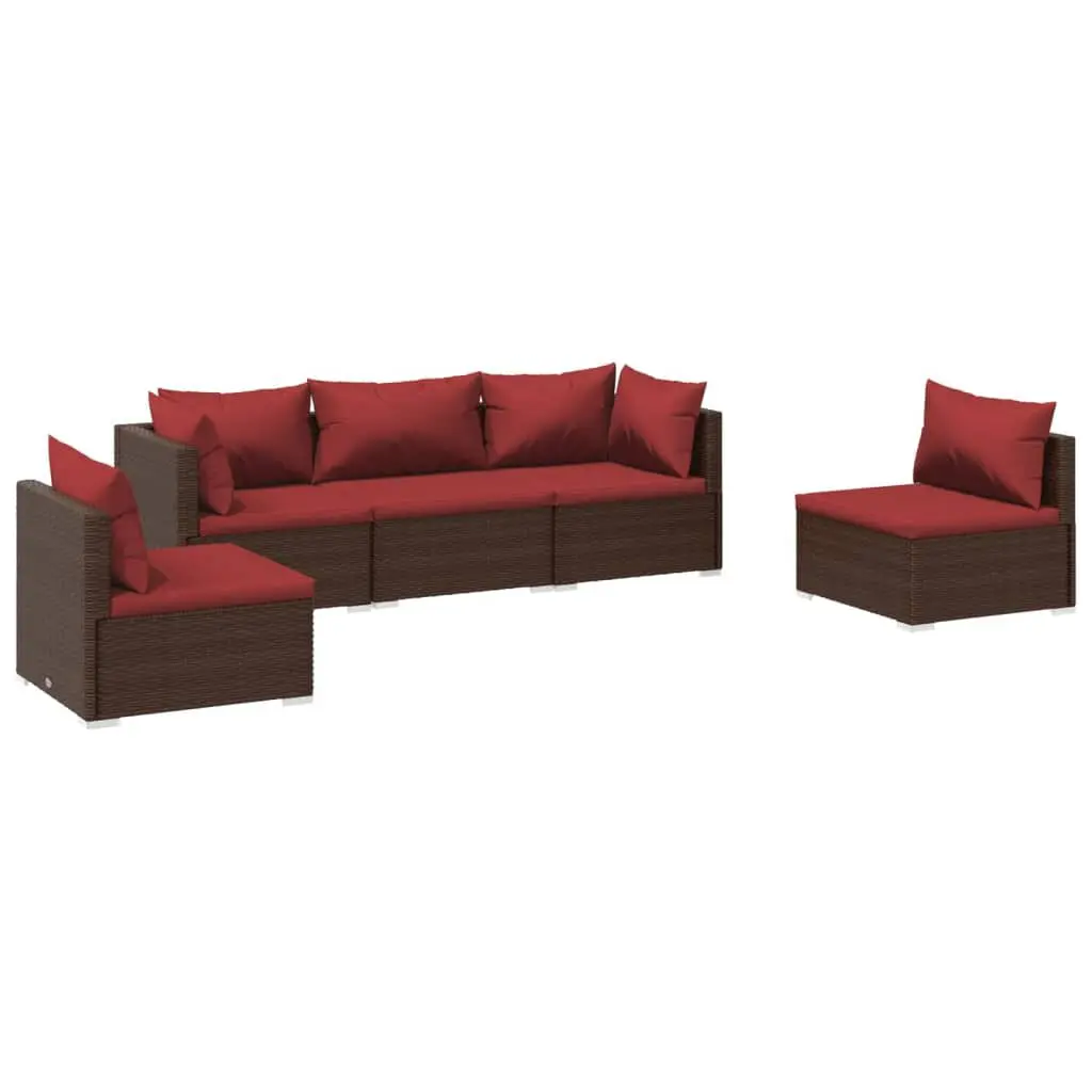5 Piece Brown Poly Rattan Patio Lounge Set Cushions