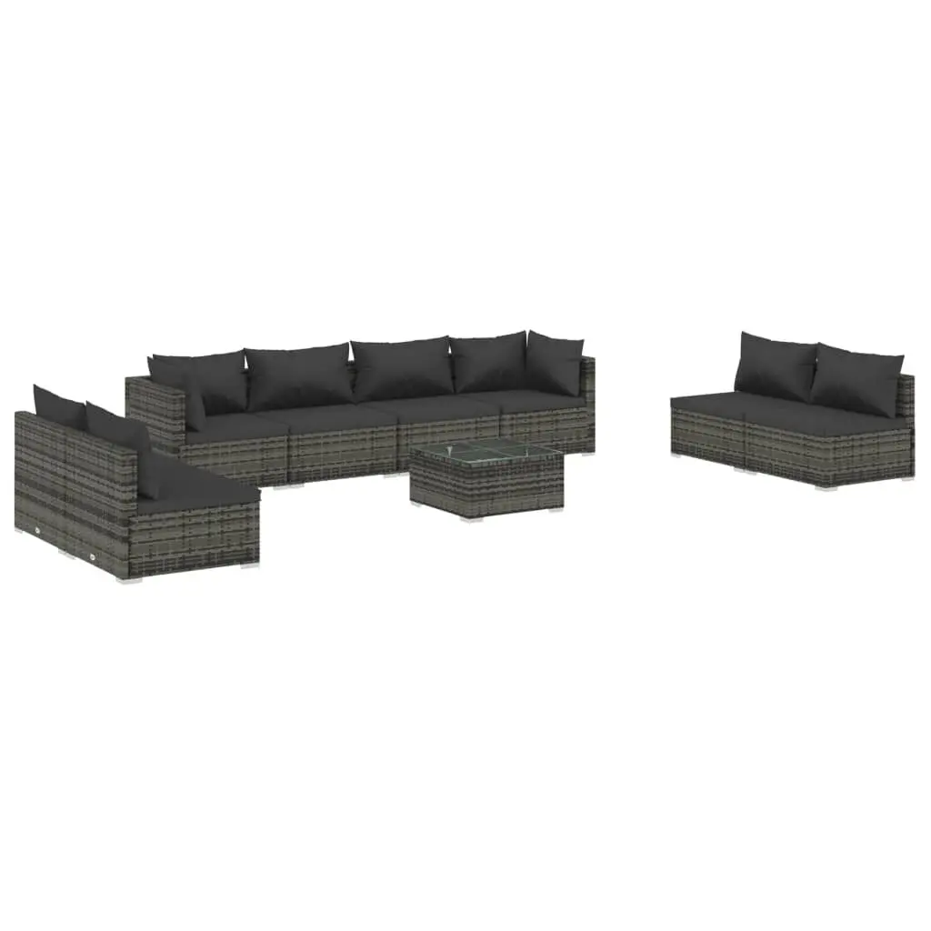 9 Piece Gray Poly Rattan Patio Lounge Set Cushions
