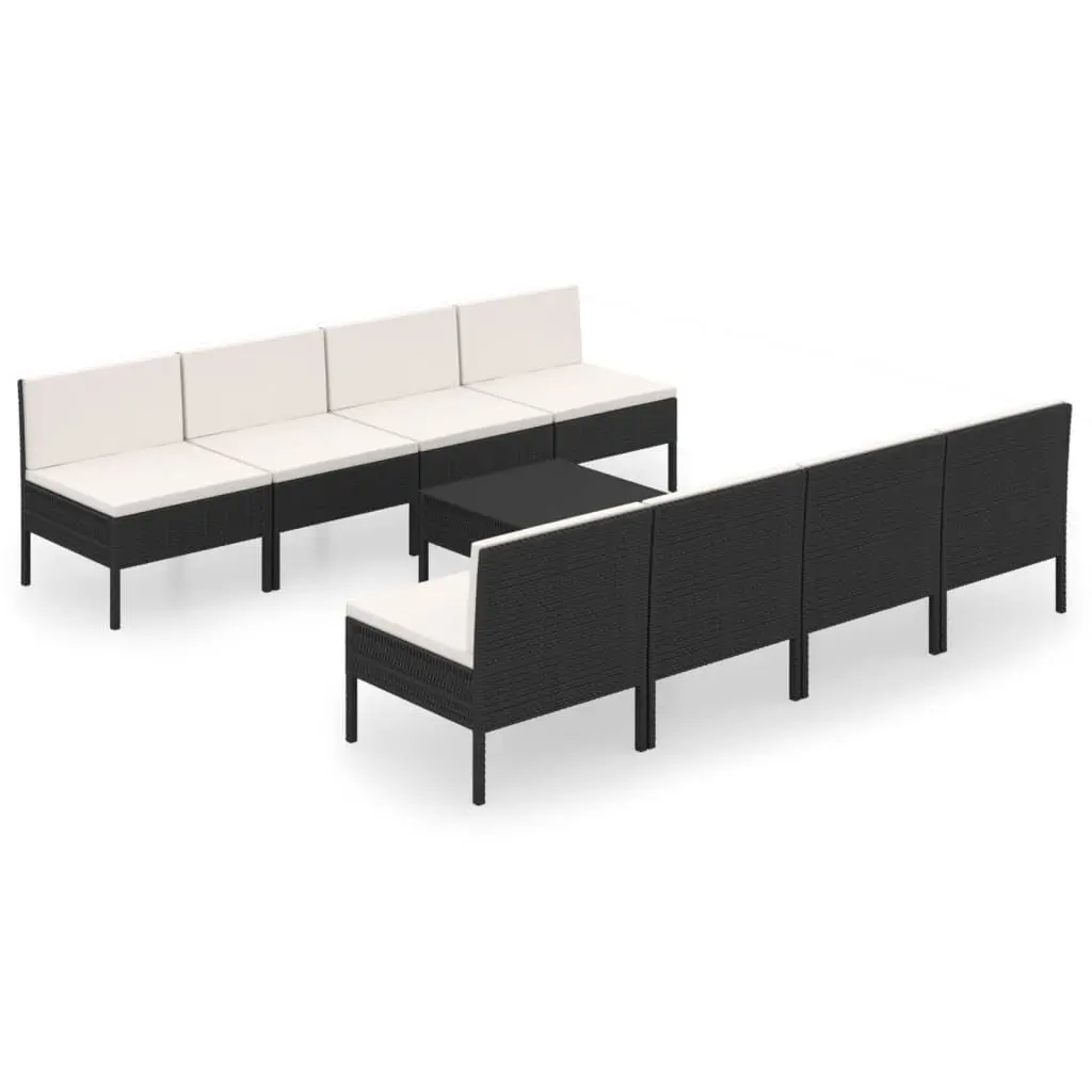 9 Piece Patio Lounge Set Cushions Black Poly Rattan Outdoor Furniture