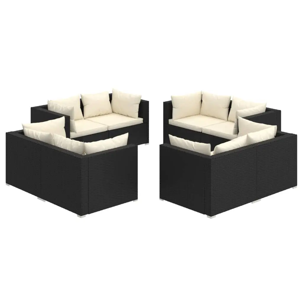 8 Piece Patio Lounge Set Cushions Black Poly Rattan Outdoor Furniture