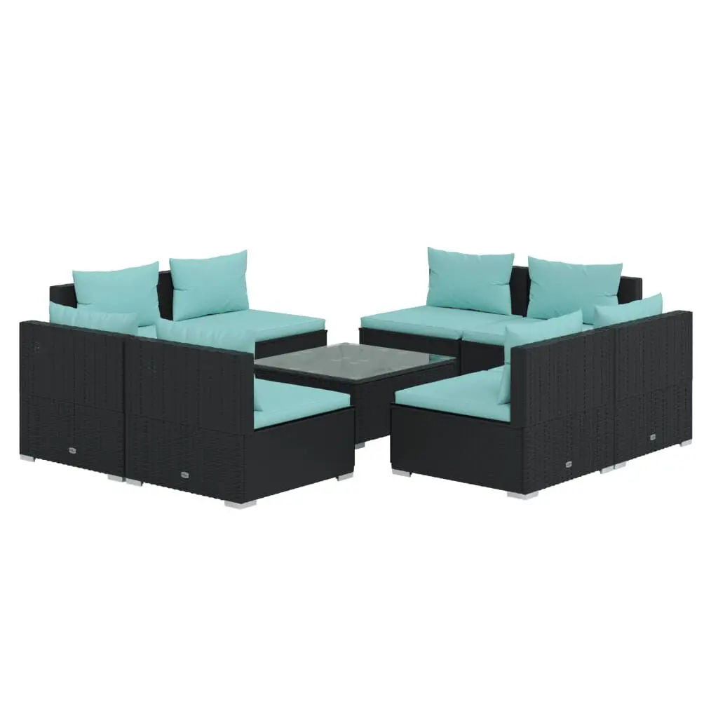9 Piece Patio Lounge Set Cushions Black Poly Rattan Outdoor Sectional