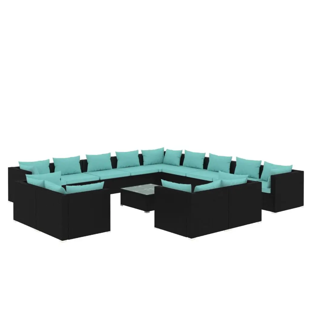 14 Piece Patio Lounge Set Cushions Black Poly Rattan Complete Outdoor Furniture