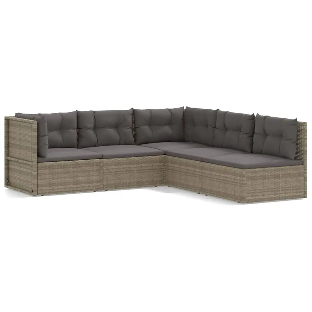 5 Piece Patio Lounge Set Cushions Gray Poly Rattan - Comfortable Outdoor Seating