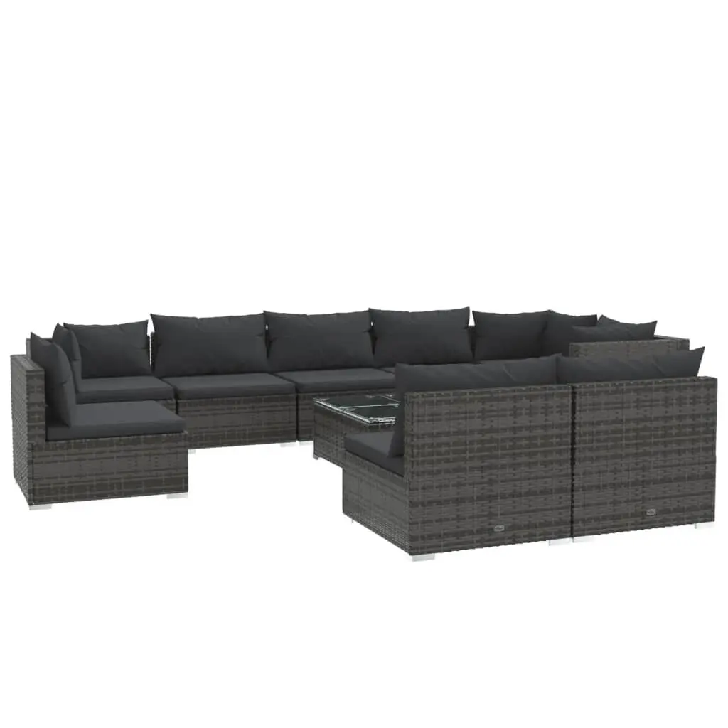 10 Piece Patio Lounge Set Cushions Poly Rattan Gray Outdoor