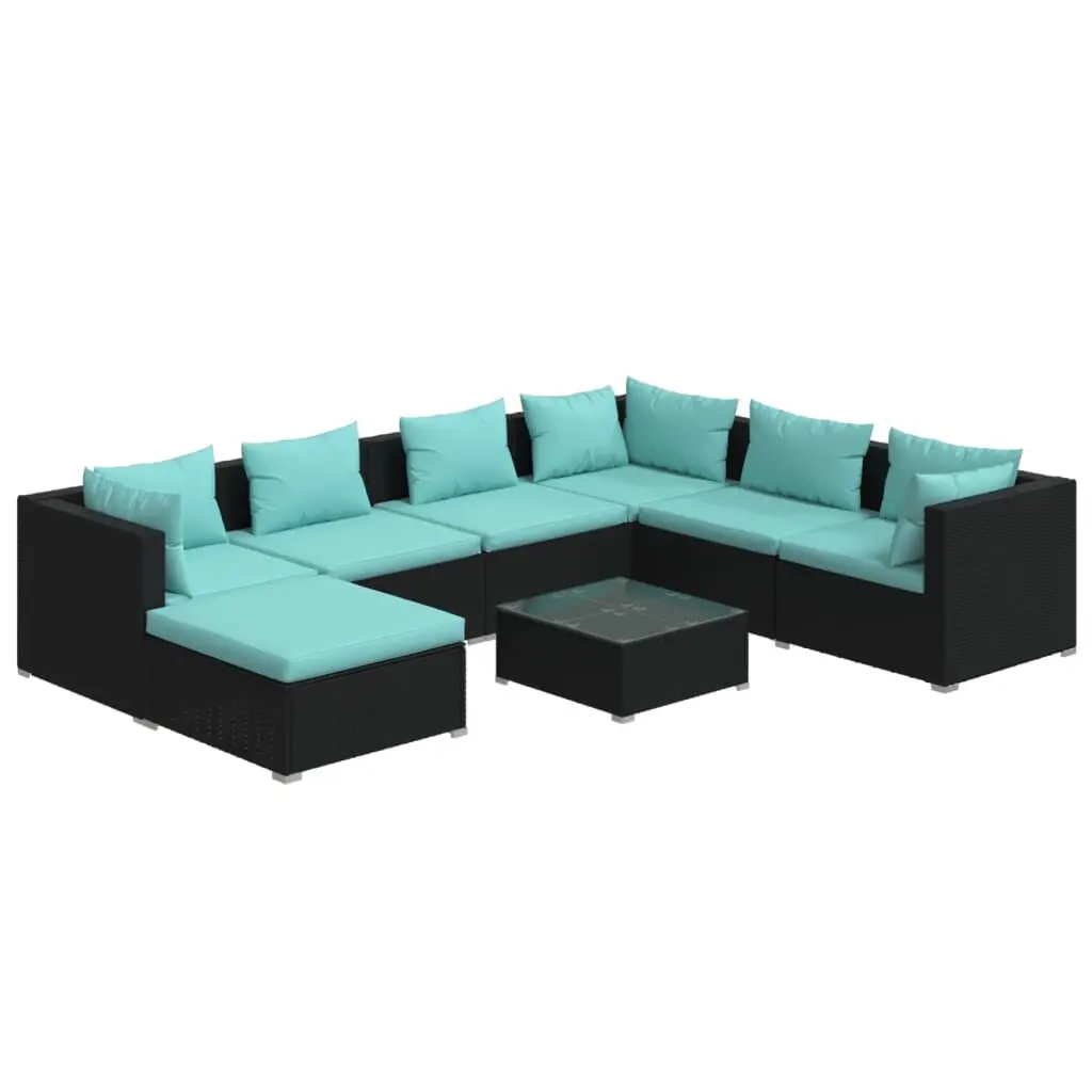 8 Piece Patio Lounge Set Cushions Poly Rattan Black Outdoor Furniture