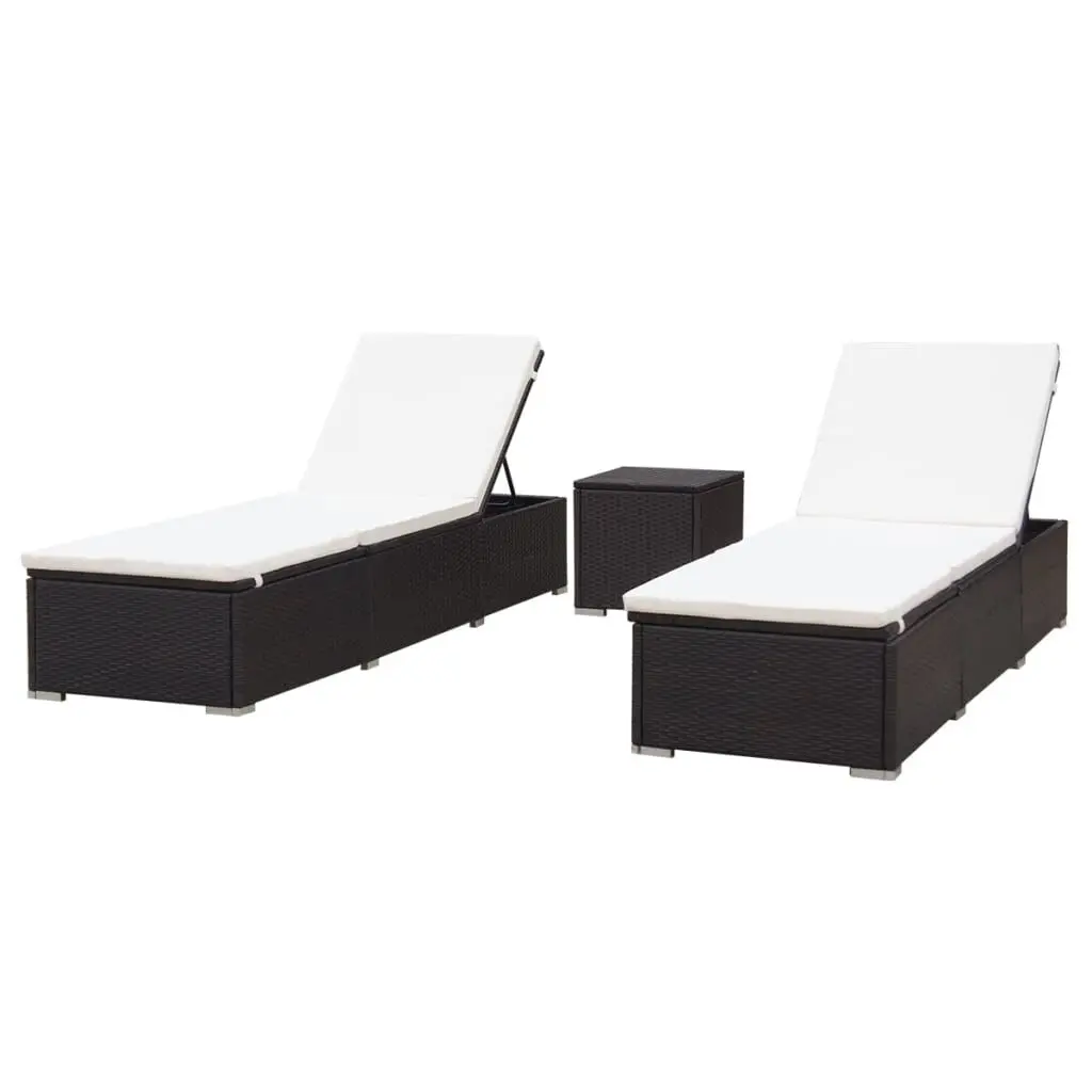Sun Loungers 2 pcs Table Poly Rattan Brown Outdoor Relaxation Set