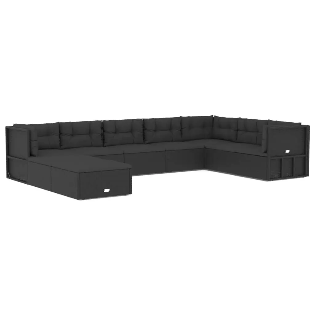 9 Piece Patio Lounge Set Cushions Black Poly Rattan Outdoor Furniture