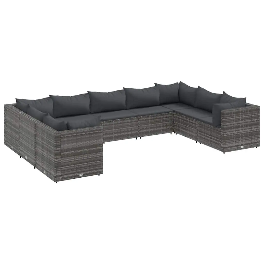 9 Piece Patio Lounge Set Cushions Gray Poly Rattan Outdoor