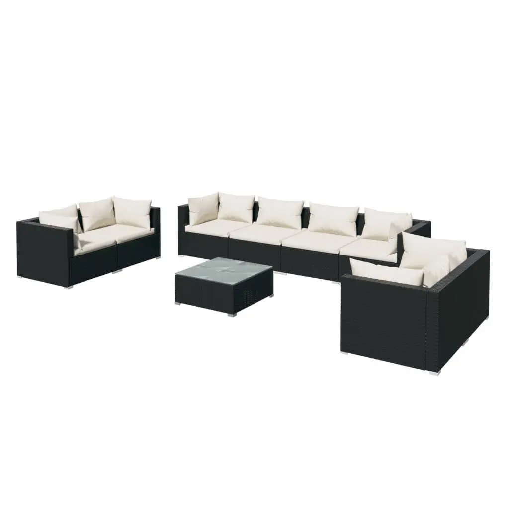 9 Piece Patio Lounge Set Cushions Poly Rattan Black Outdoor Furniture