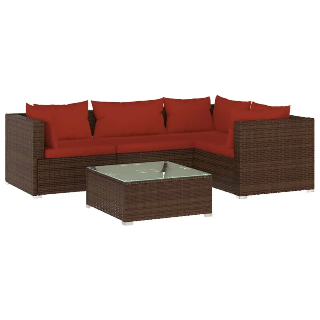 5 Piece Patio Lounge Set Cushions Poly Rattan Brown Outdoor Furniture
