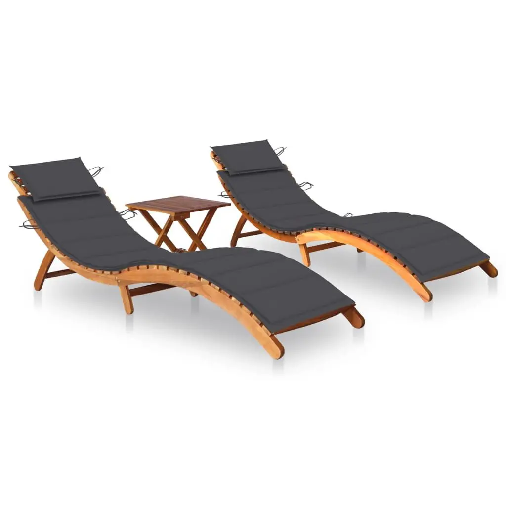 Sun Loungers 2 Pack Table and Cushions Solid Acacia Wood Outdoor