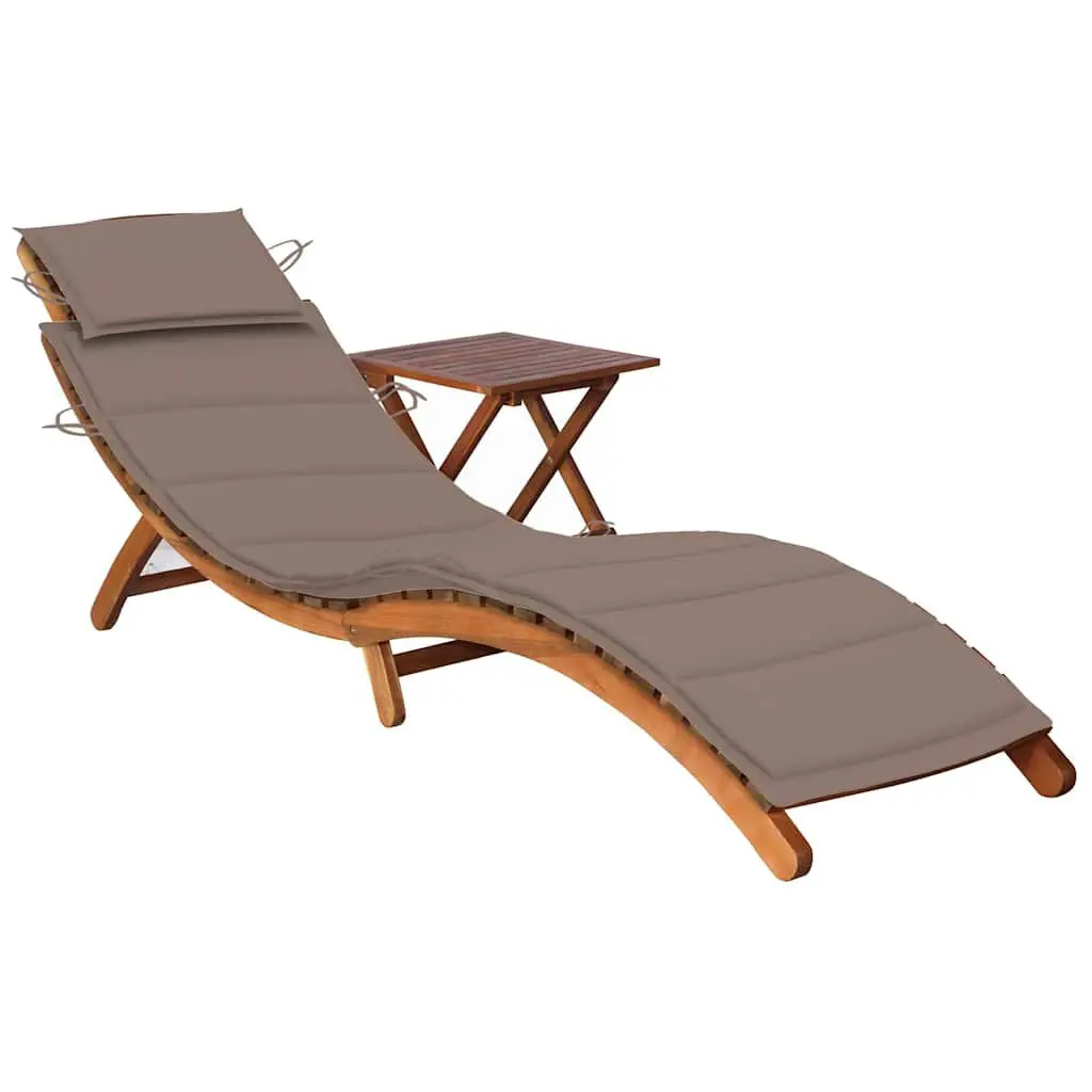 Patio Sun Lounger Table and Cushion Solid Acacia Wood