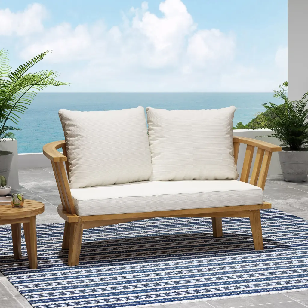 Outdoor Wooden Loveseat Cushions White Teak 55.5 Inch Wide Patio Furniture nh-onfind