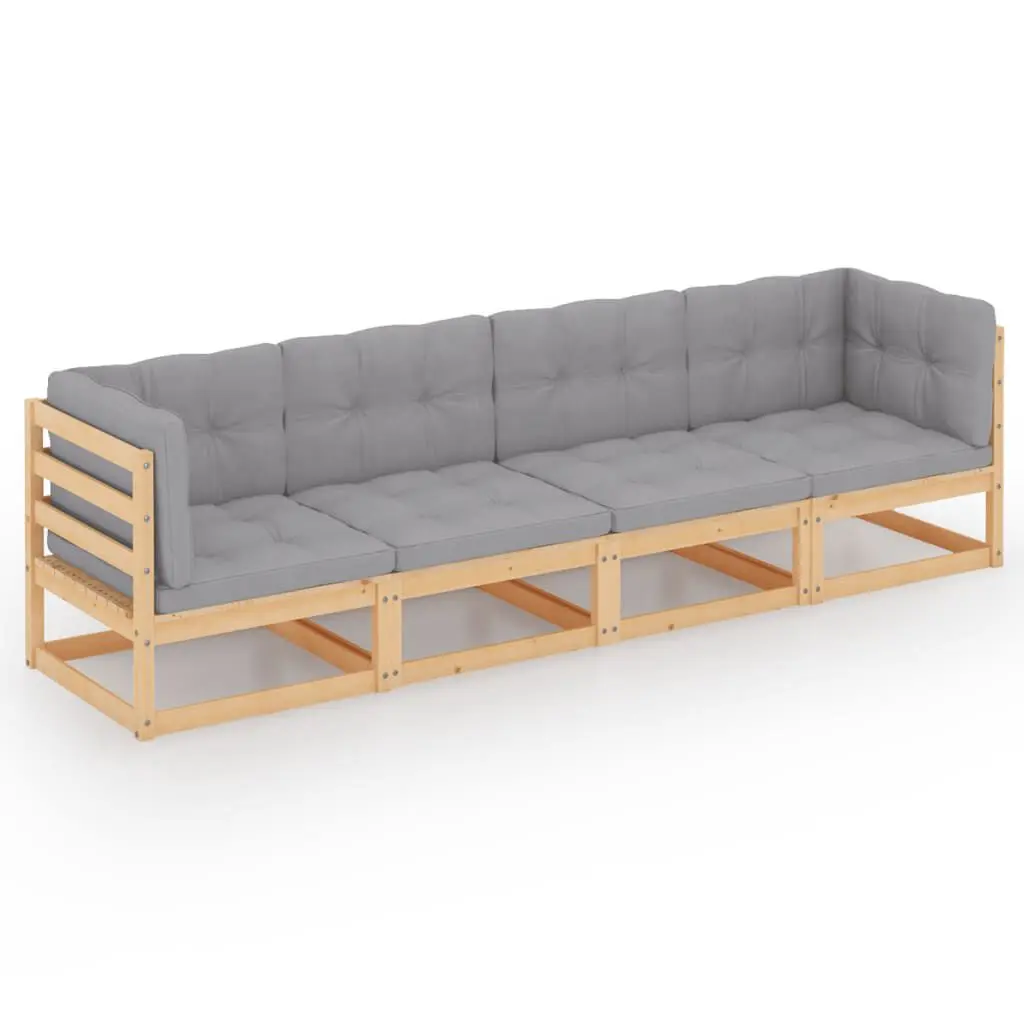 4-Seater Patio Sofa Cushions Solid Pine Wood Outdoor Conversation Set