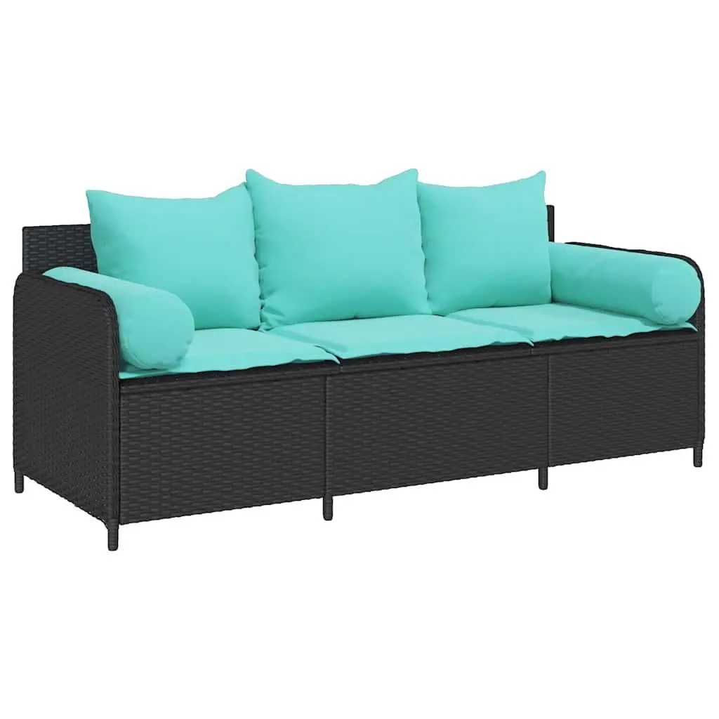3 Seater Black Poly Rattan Patio Sofa Cushions