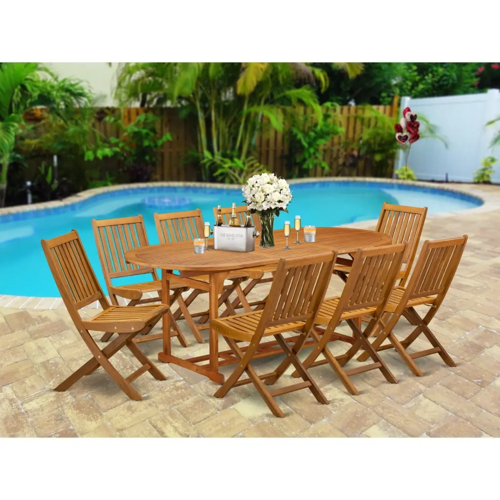 HomeStock African Artifacts 9-Piece Patio Set 8 Chairs and Coffee Table Natural Oil Finish