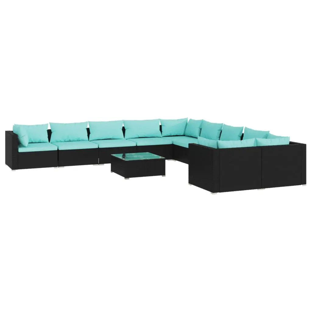 11 Piece Black Poly Rattan Patio Lounge Set Cushions Outdoor Furniture