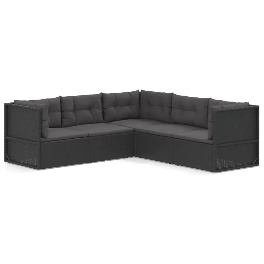 5 Piece Black Poly Rattan Patio Lounge Set Cushions Modern Outdoor Living