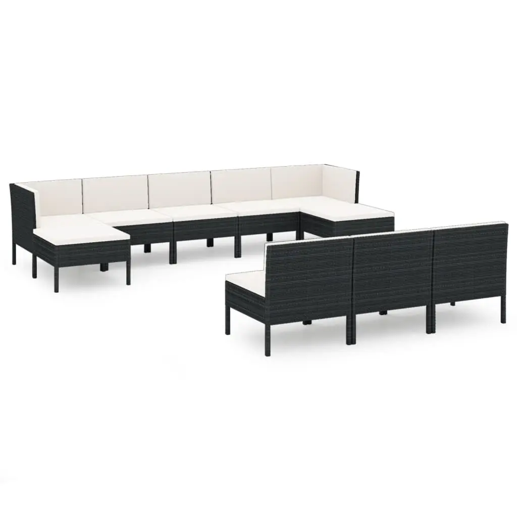 10 Piece Black Poly Rattan Patio Lounge Set Comfortable Cushions