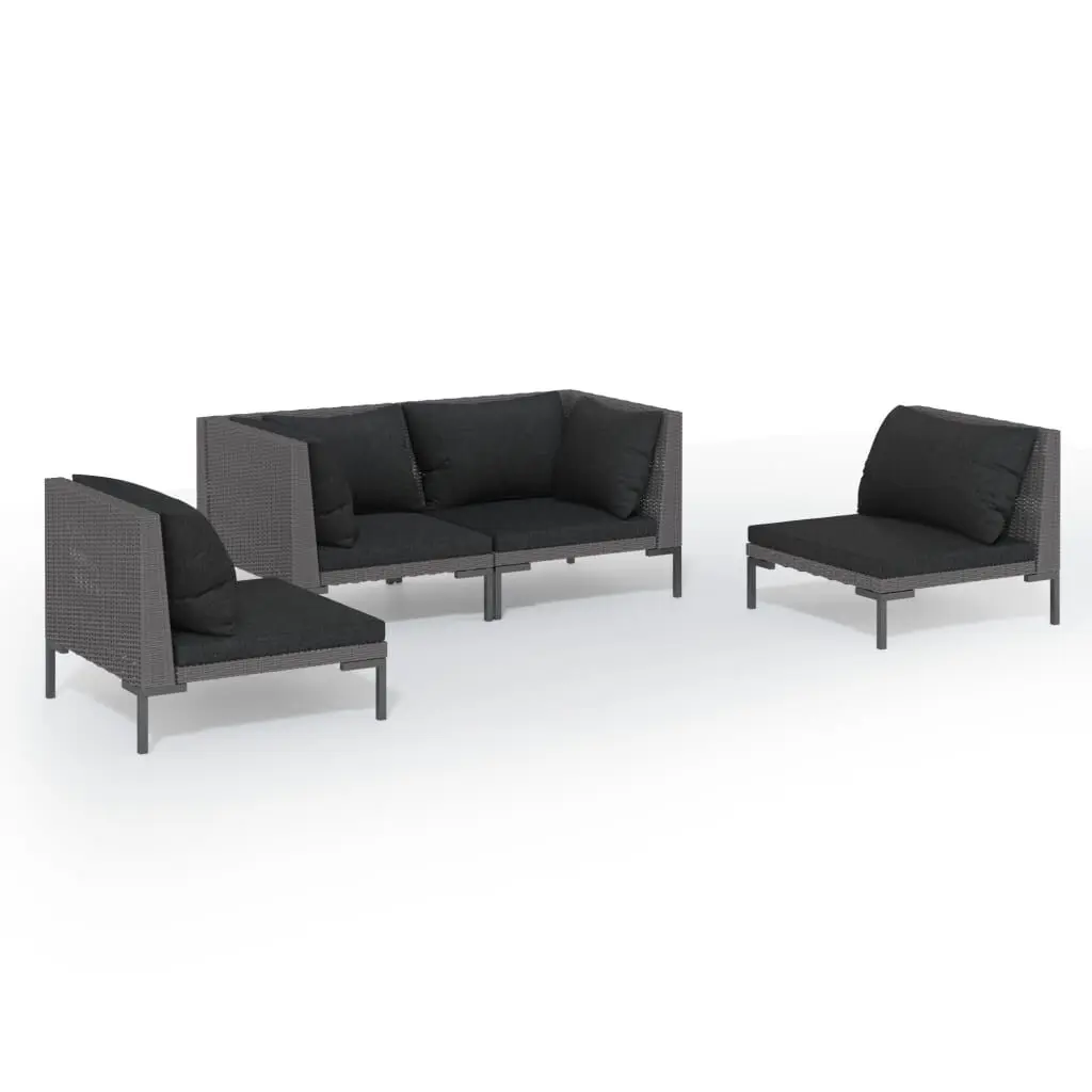4 Piece Dark Gray Poly Rattan Patio Lounge Set Cushions