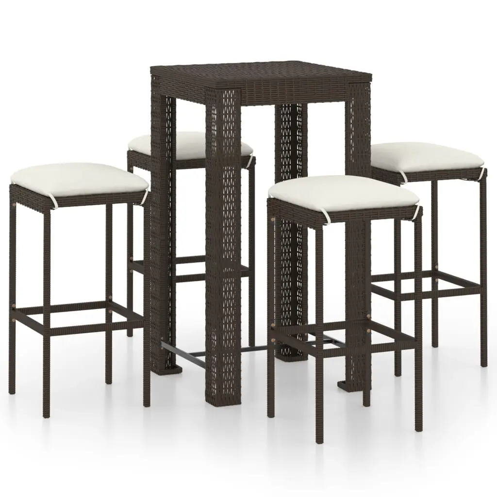5 Piece Patio Bar Set Cushions Brown Poly Rattan Outdoor Furniture
